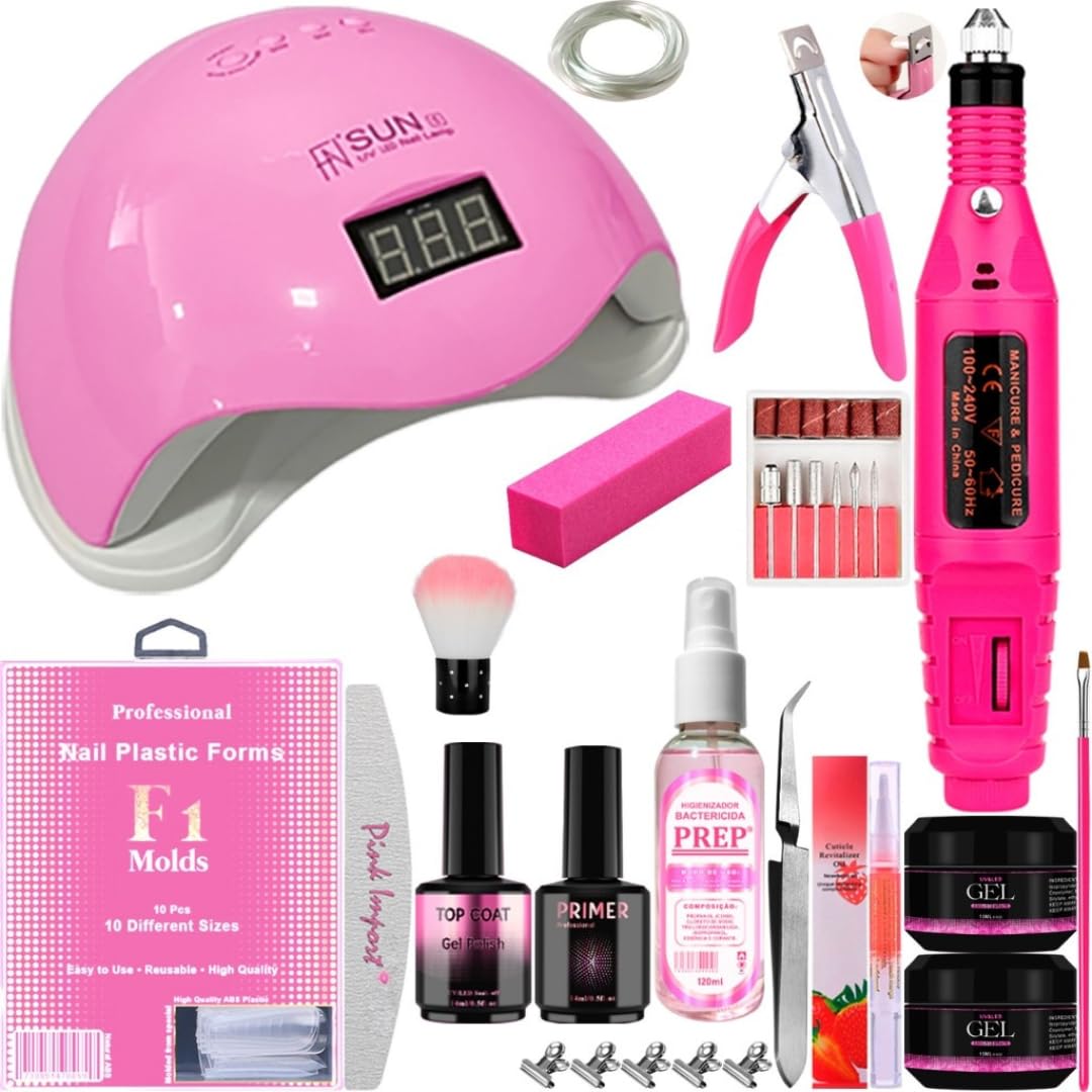 Kit Completo Manicure Unhas de Gel com Cabine Sun LED UV 48W e Lixadeira Elétrica Caneta Bivolt (Rosa)